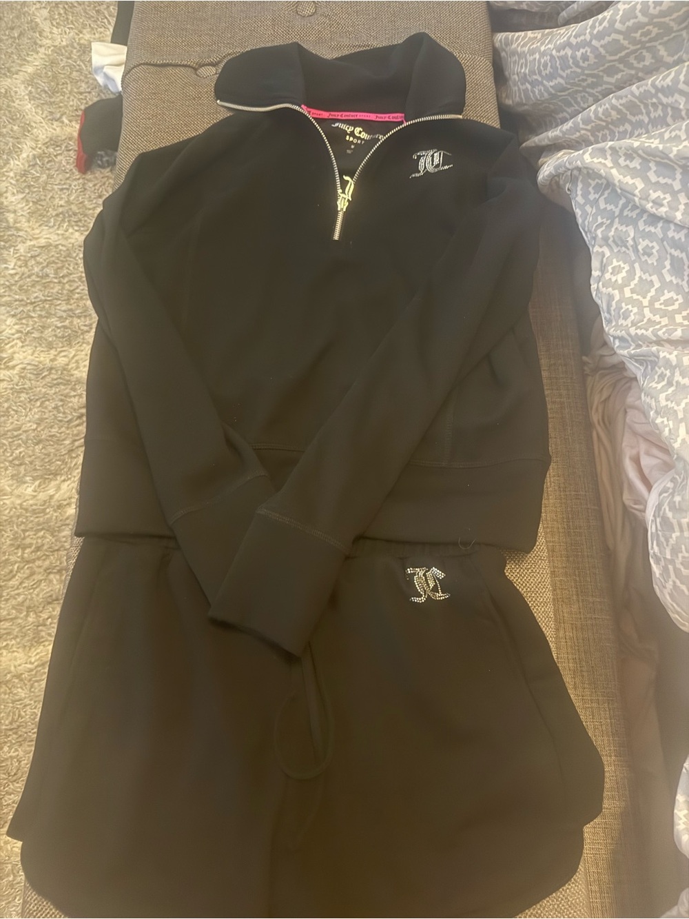 Juicy Couture Black Rhinestone Logo Half-Zip Sweatshirt & Shorts Set
